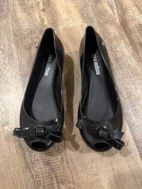 Mini Melissa Black Peep-Toe Bow Flats